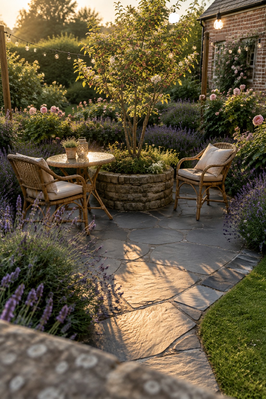 A flagstone path runs through lavender and roses to a small patio with wicker chairs and a round table.