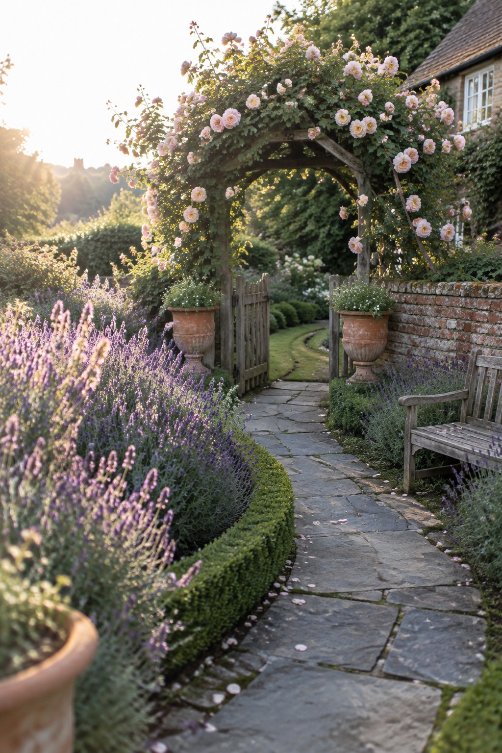 An irregular stone path passes through lavender beds and a rose-covered wooden arbor beside a brick wall.