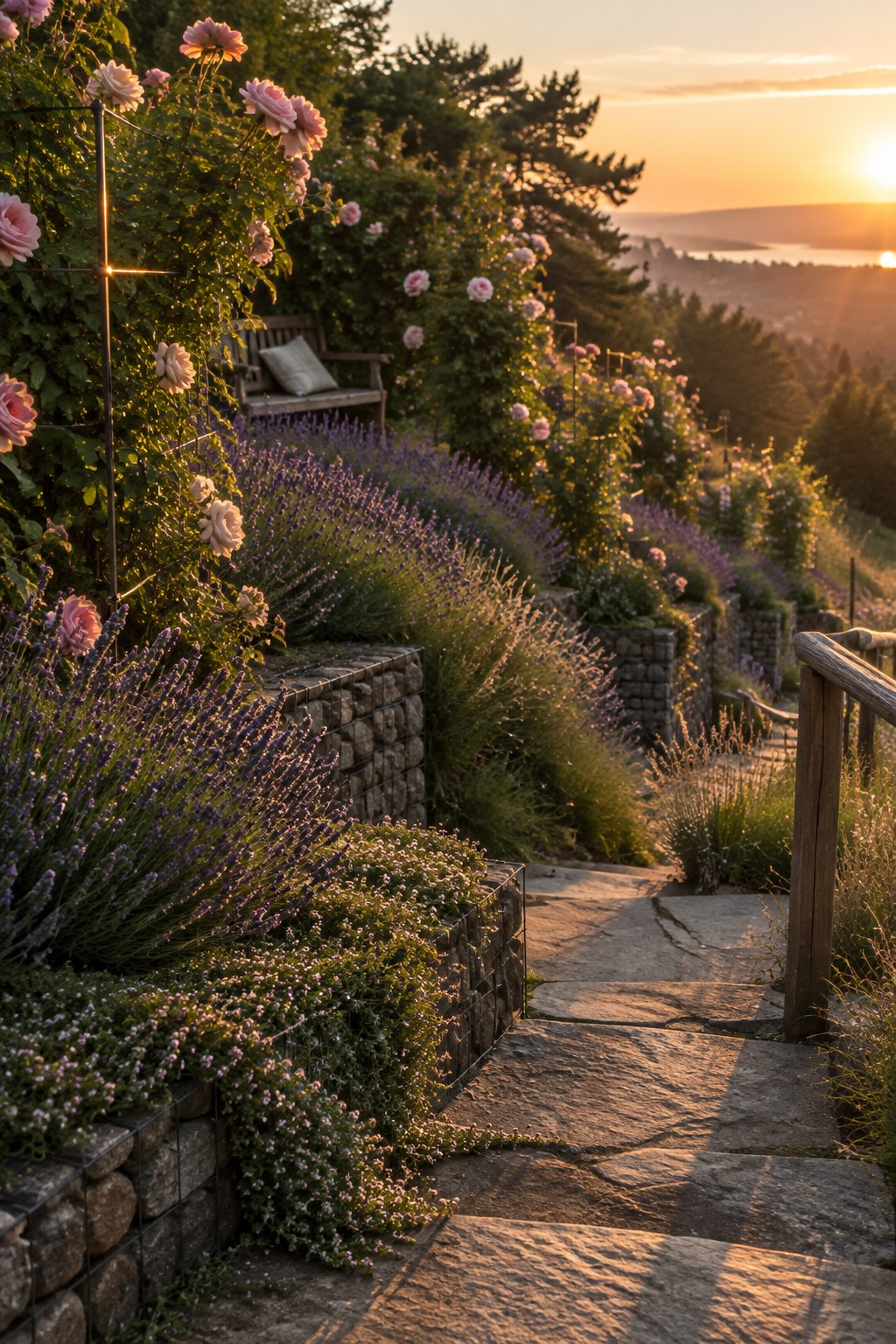 Stone steps descend through lavender and rose beds beside gabion retaining walls and a wooden handrail.