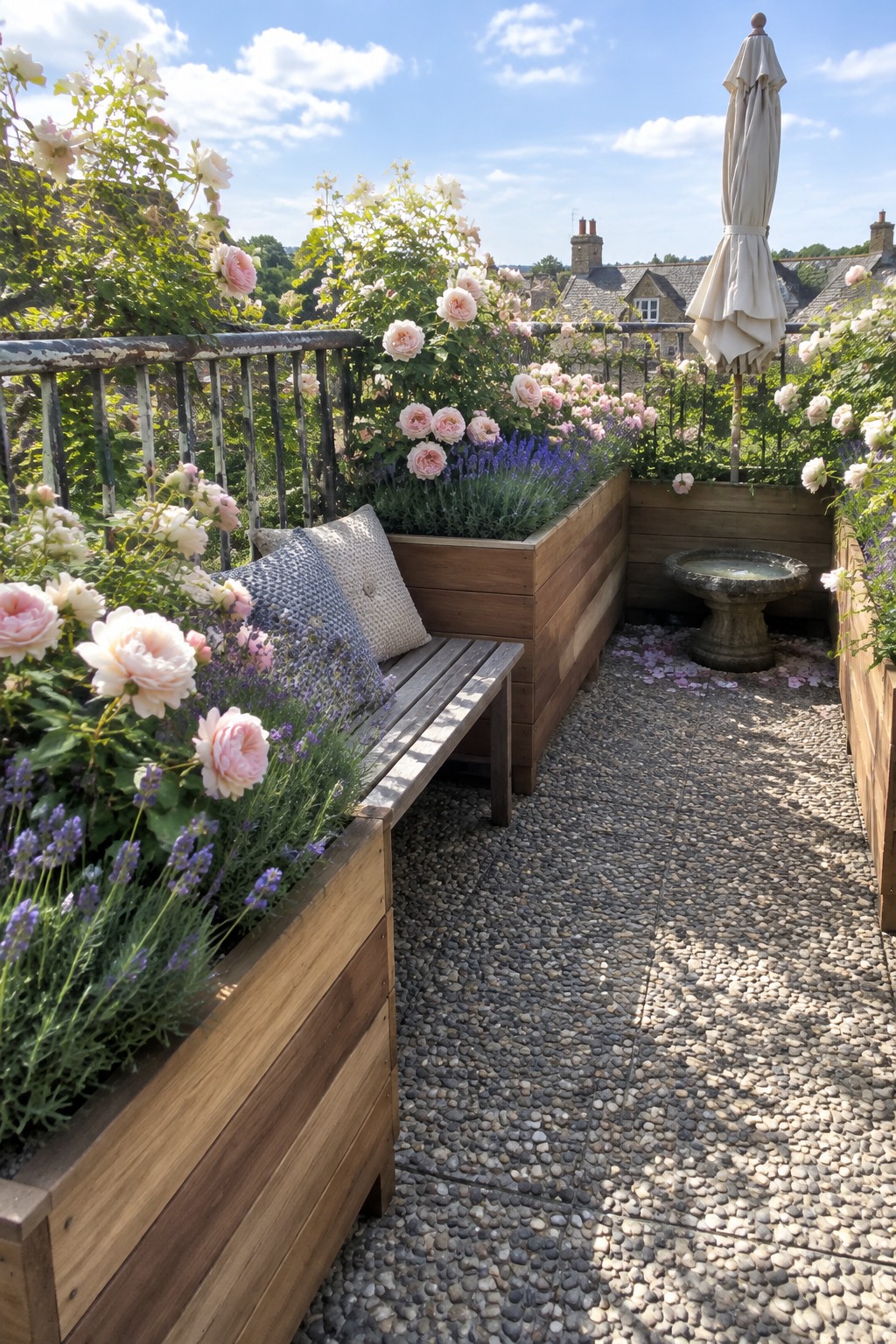 A pebble path runs between raised wooden planters filled with lavender and pale pink roses, with a bench and closed umbrella nearby.