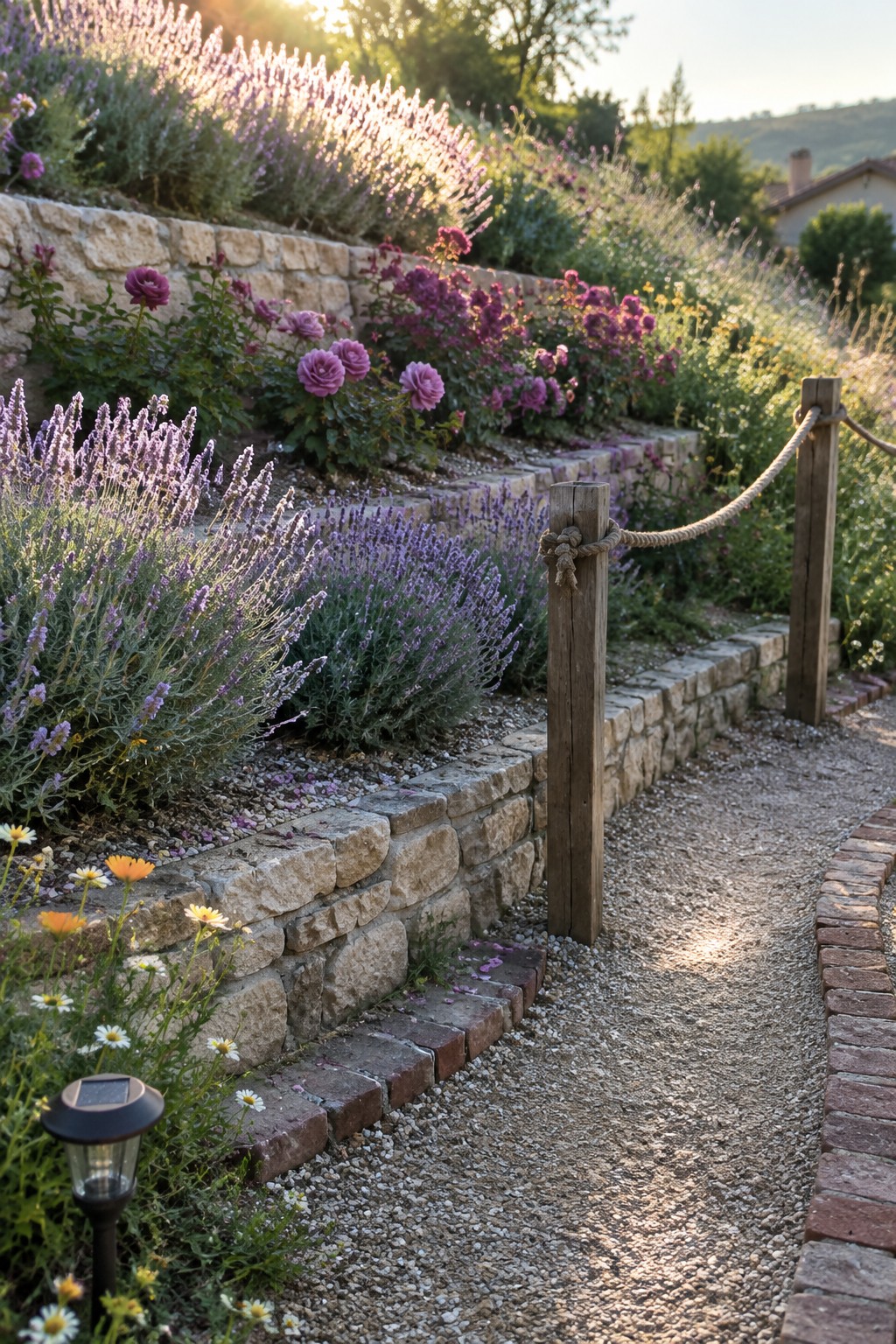 Lavender and purple roses grow in raised stone beds beside a gravel path bordered by wooden posts and rope.