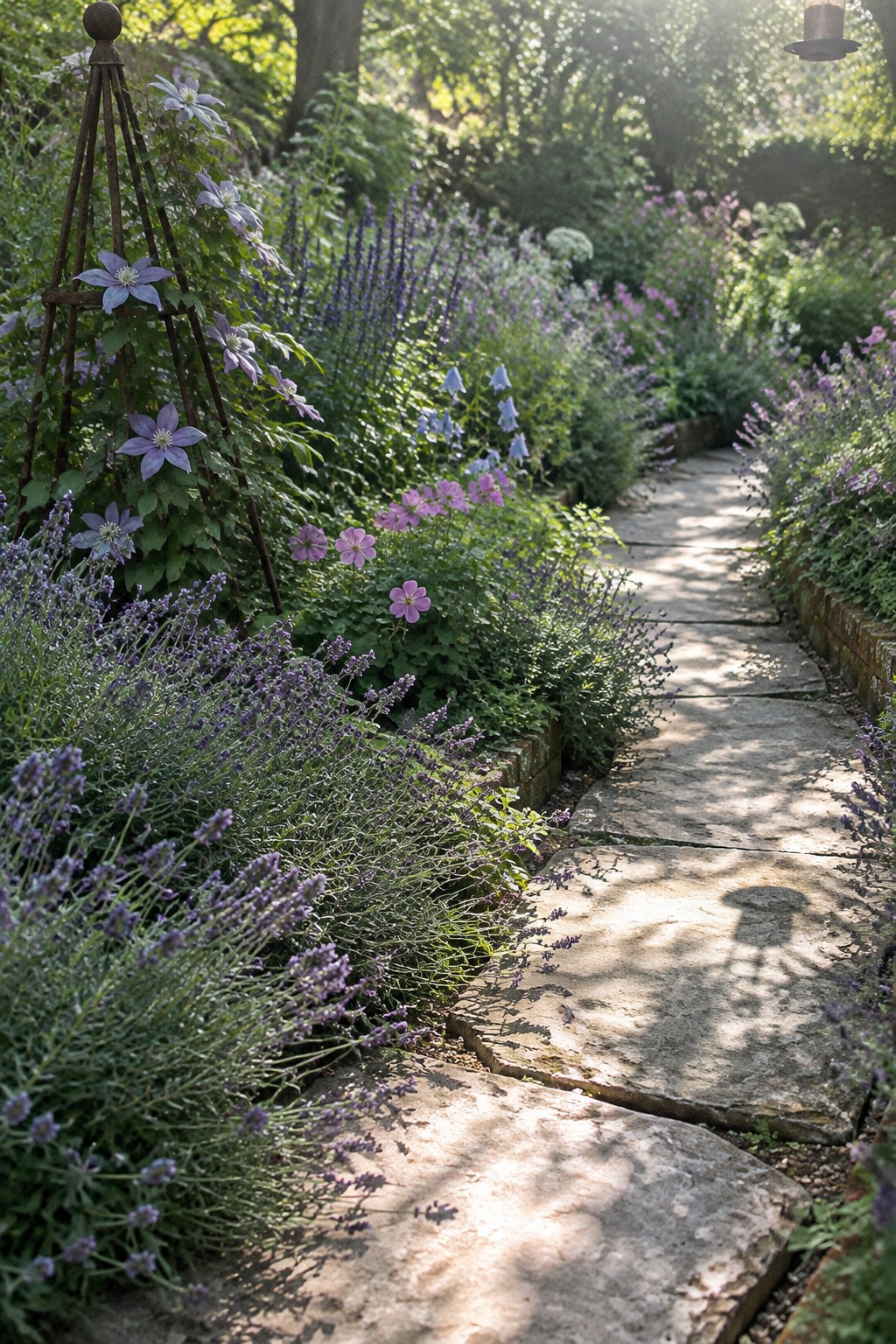 A winding stone path runs through a garden with lavender edging and purple clematis growing on a wooden trellis.