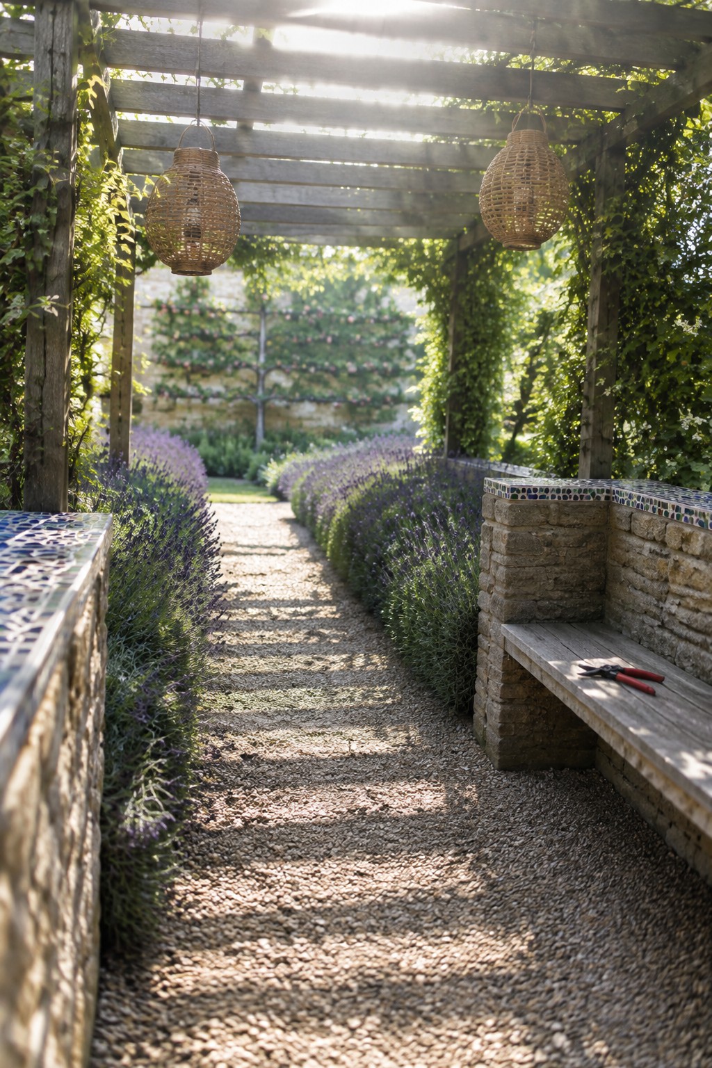 A gravel garden path bordered by lavender runs beneath a wooden pergola with hanging wicker lanterns.