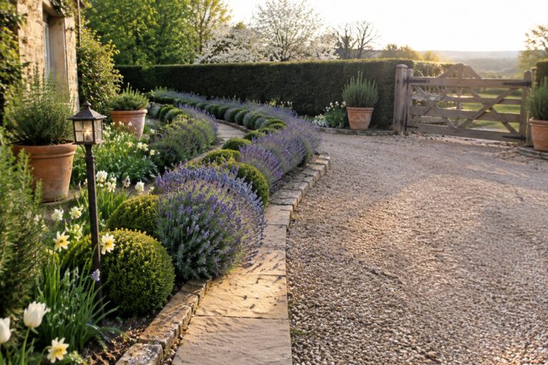 16 Lavender Border Ideas for Driveways and Garden Paths A stone path curves beside lavender, clipped shrubs, white flowers, and a gravel driveway.