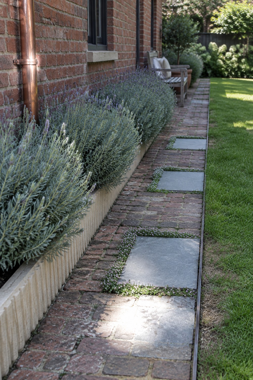 A brick garden path with rectangular stone pavers runs beside a brick house and a raised border of lavender plants.
