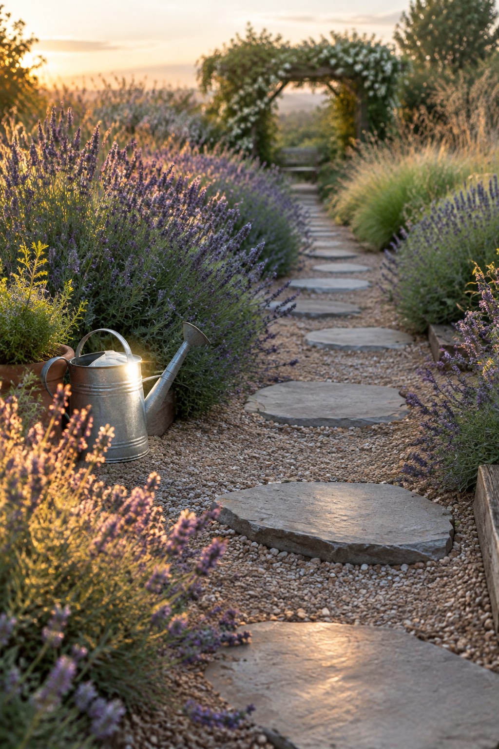 A gravel garden path with large stepping stones runs between lavender borders toward a flower-covered wooden arch, with a metal watering can beside the path.