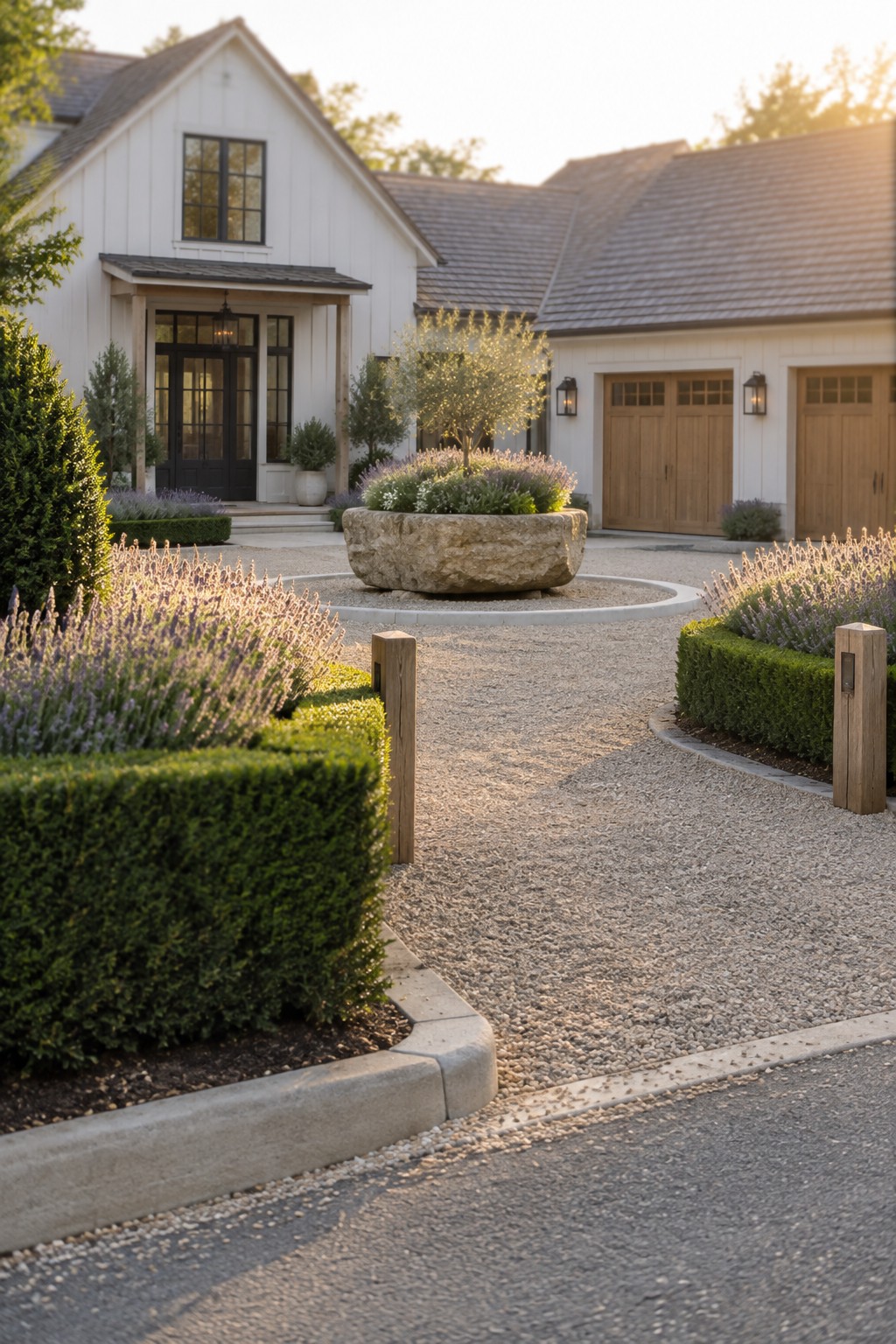 A gravel driveway curves past lavender borders, clipped hedges, and a white house with wooden garage doors.