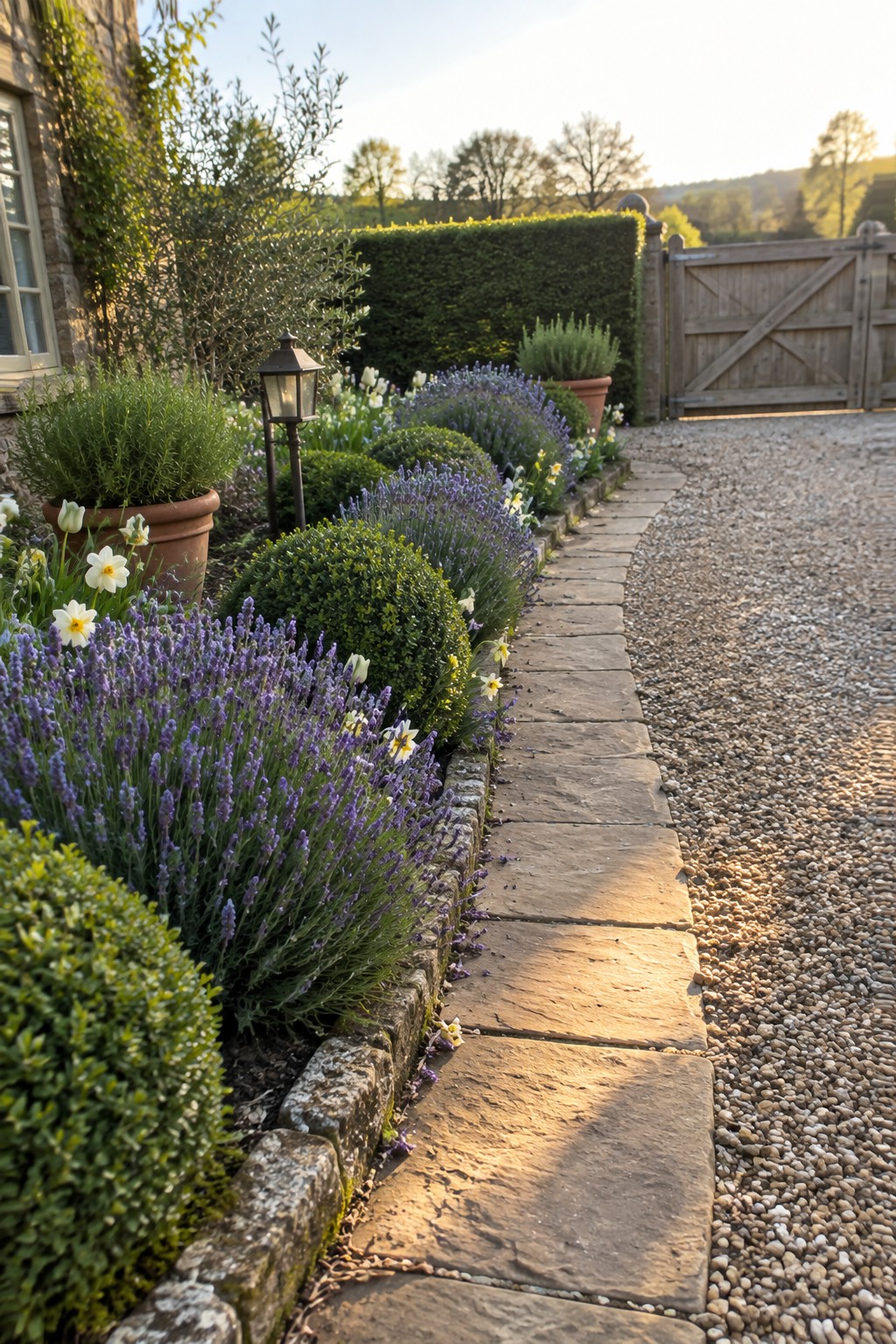 A stone path curves beside lavender, clipped shrubs, white flowers, and a gravel driveway.
