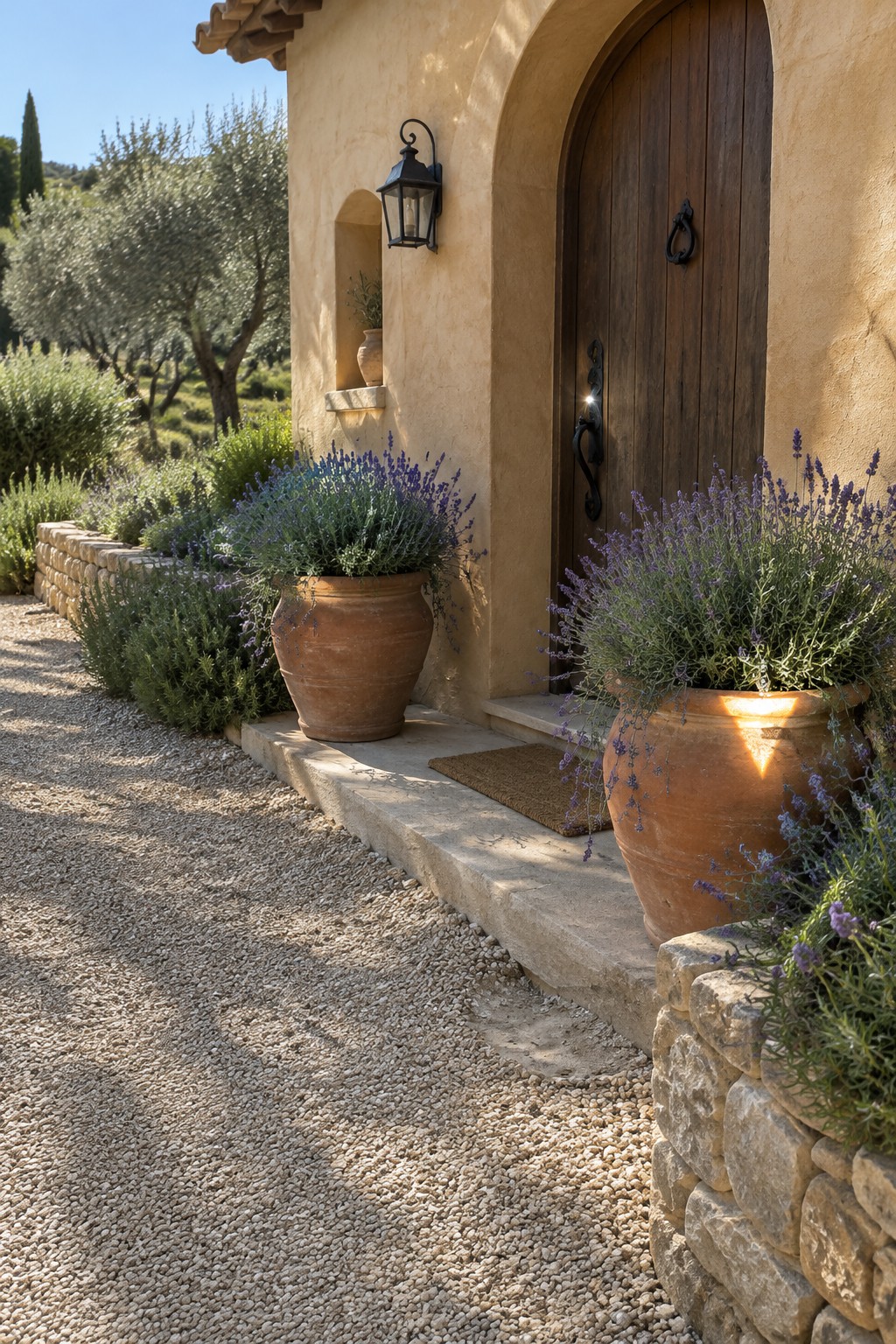 Lavender plants grow in terracotta pots and along a gravel path beside a stucco house entrance.