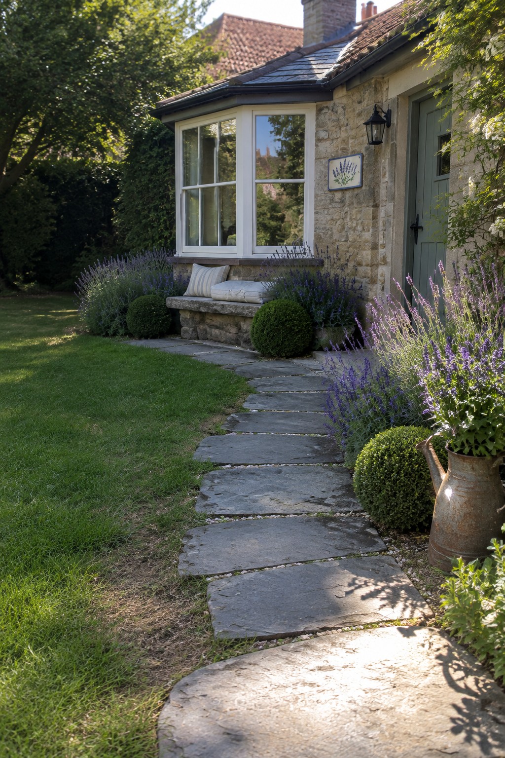 A stone path curves through a garden beside lavender plants and a stone cottage.