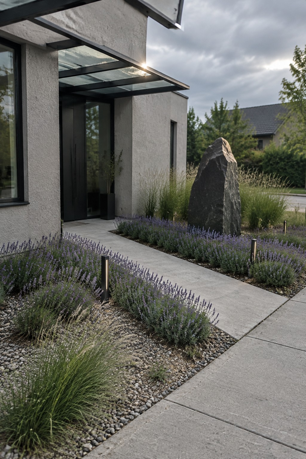 Purple lavender and ornamental grasses border a concrete walkway leading to a modern house entrance.