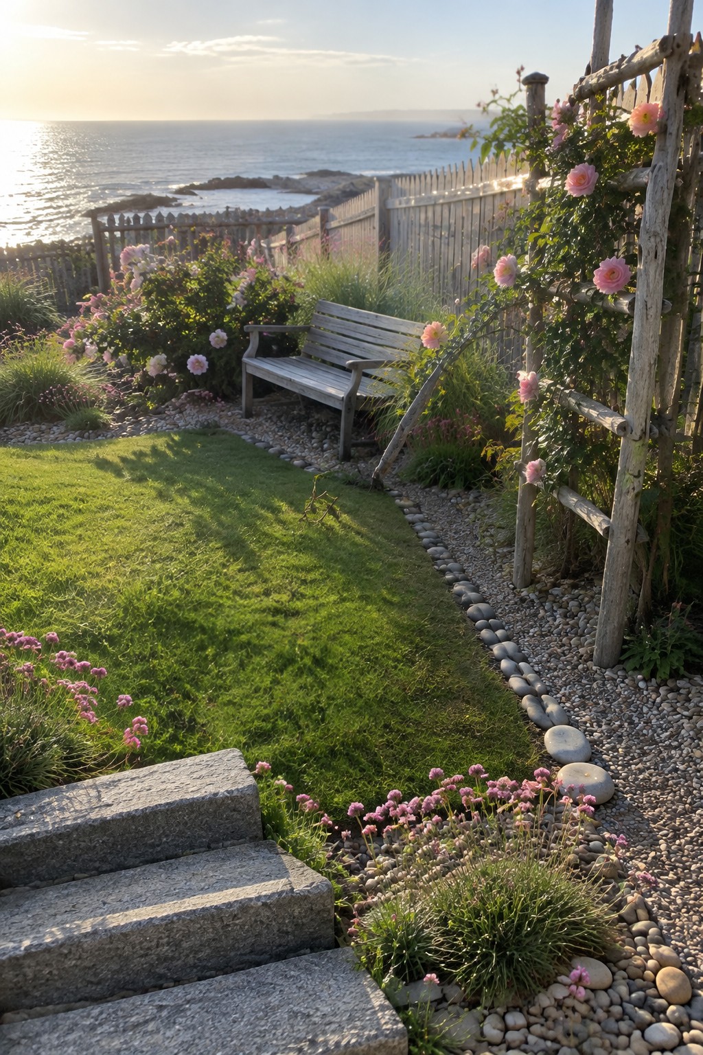 A coastal garden with pink roses, a gravel border edged with smooth stones, a lawn, a wooden bench, and stone steps.