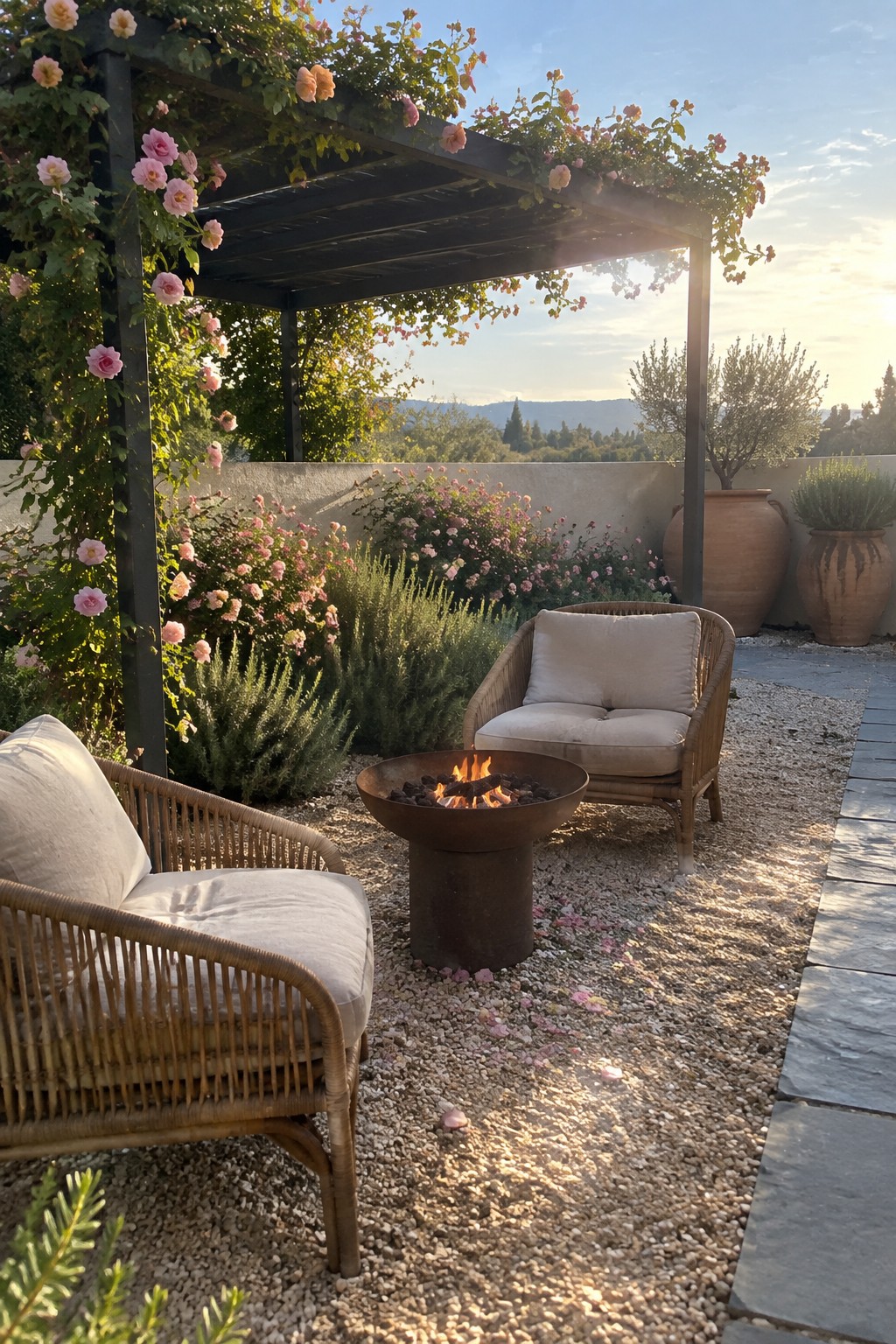 A dark pergola covered with pink roses shades two cushioned wicker chairs and a fire bowl in a gravel garden.
