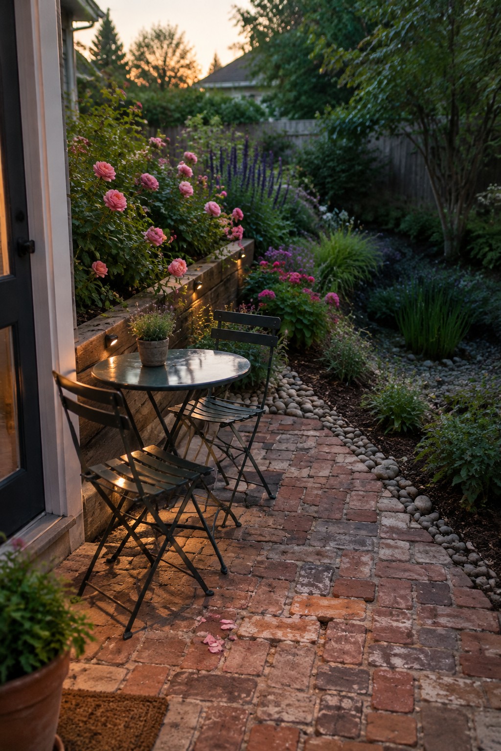 A brick garden path runs beside raised rose beds with small lights set into the wooden edging.