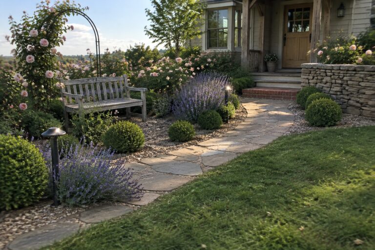 An irregular stone path winds through a garden with pink roses, lavender, low shrubs, and a wooden bench beside a house.