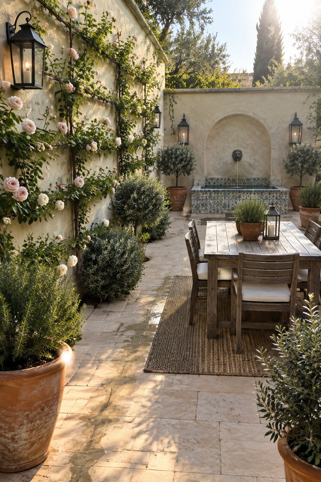 Pale roses climb a cream garden wall beside a stone-paved courtyard with a tiled fountain and outdoor dining table.