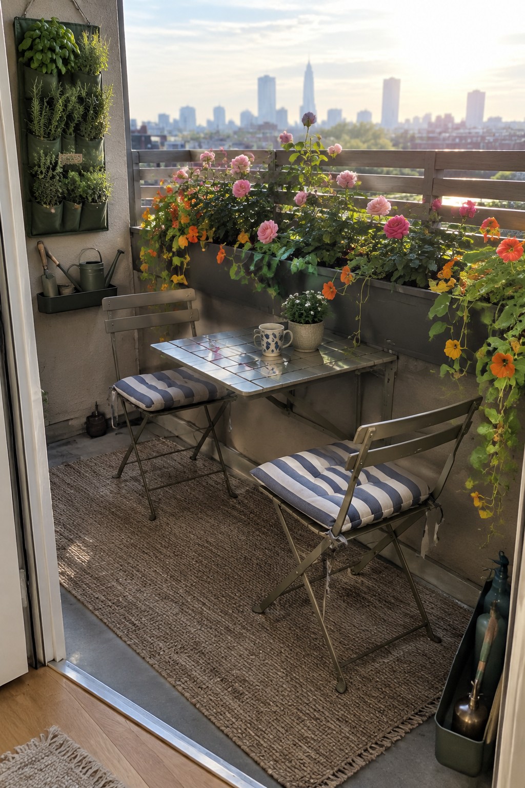 A balcony planter filled with pink roses and orange flowers sits beside a small table and two chairs.