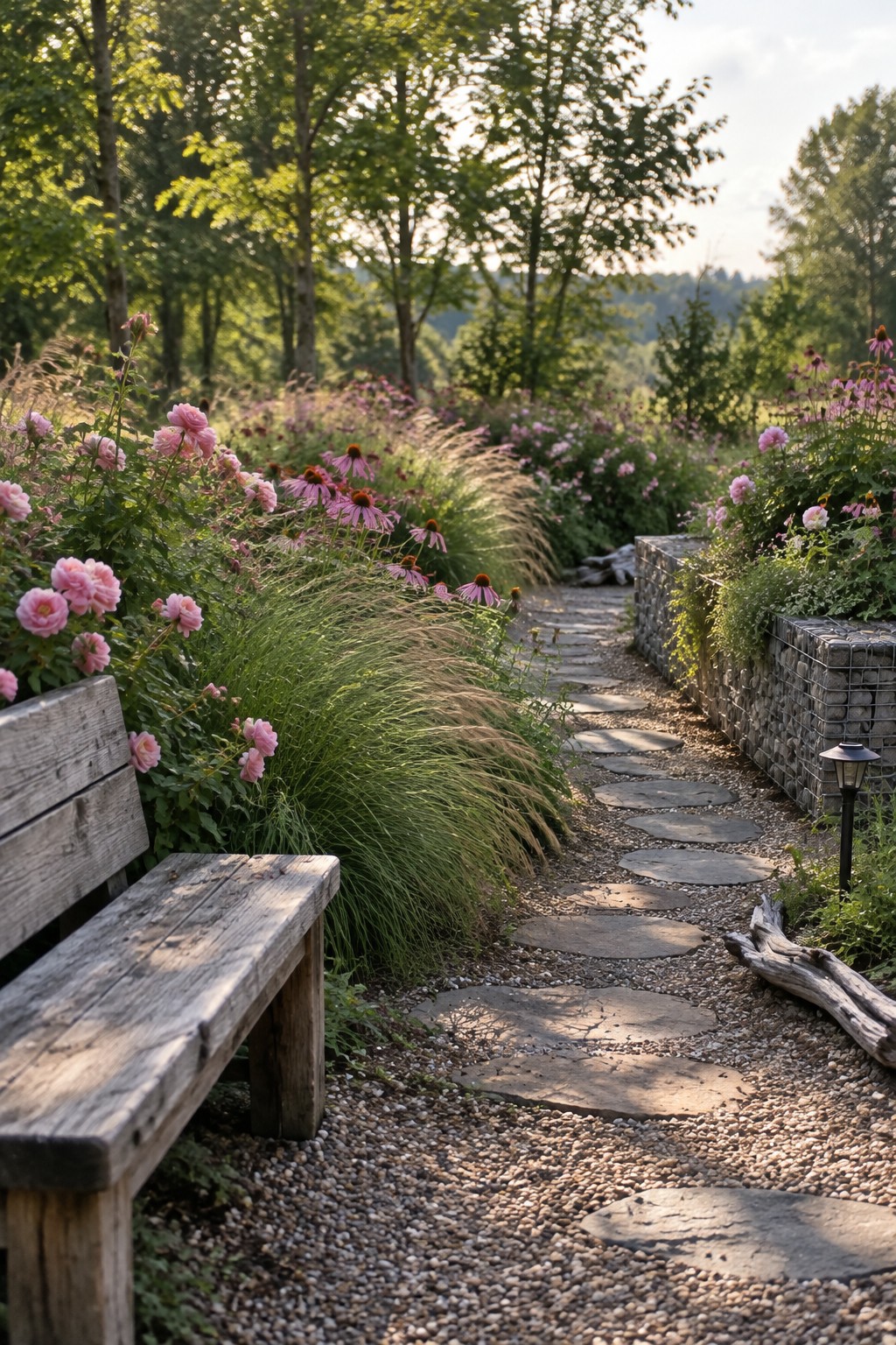 A stepping-stone and gravel path winds through a garden with pink roses, purple coneflowers, grasses, and gabion walls.
