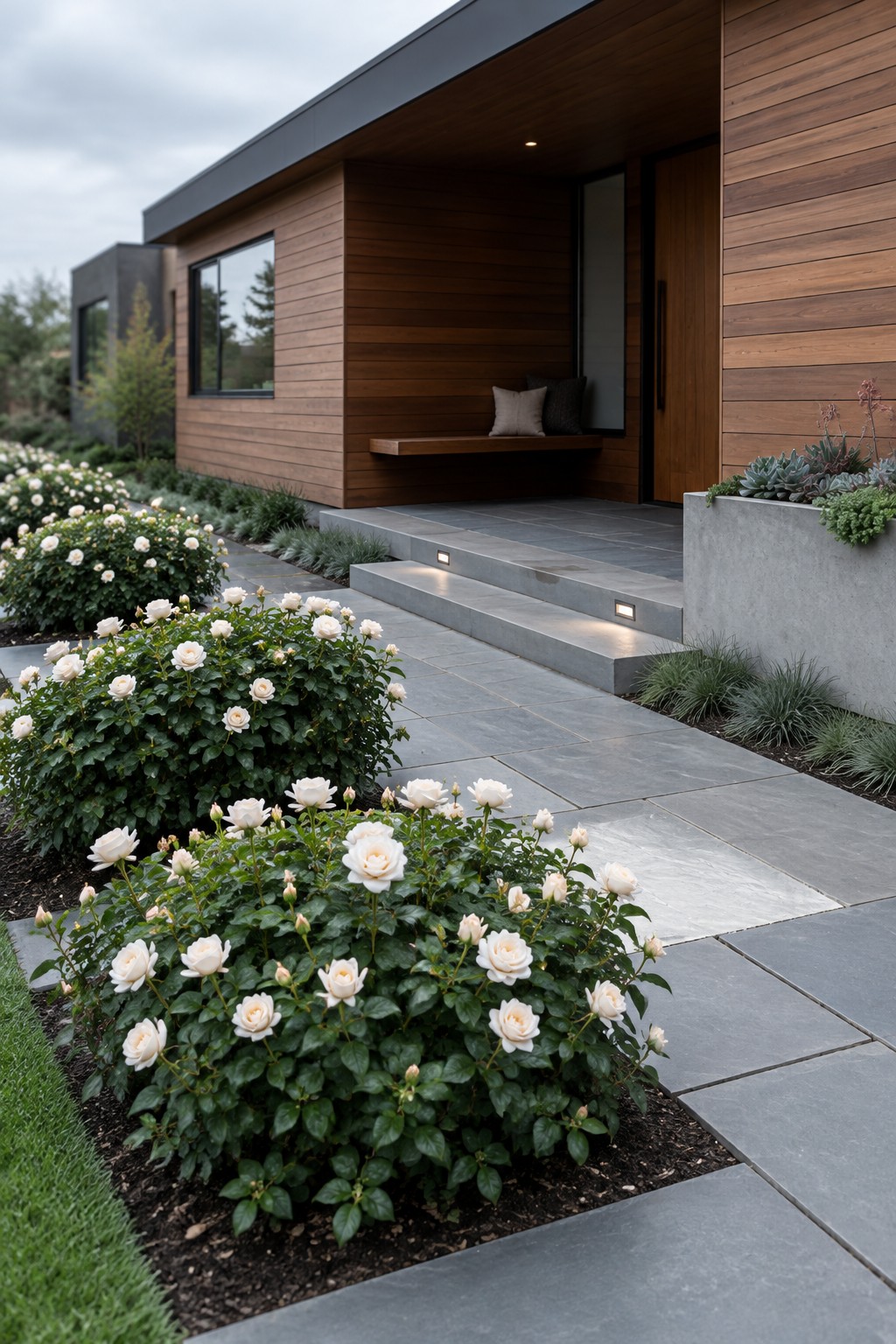 White rose bushes border a gray stone walkway leading to a modern wood-clad home.