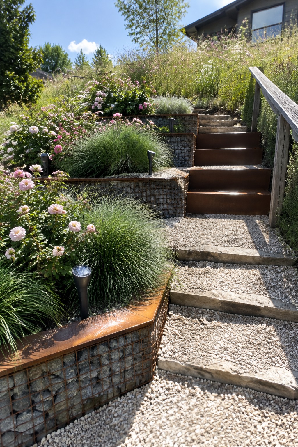 Pink roses and ornamental grasses grow in raised gabion beds beside a gravel path with stone steps and a wooden handrail.