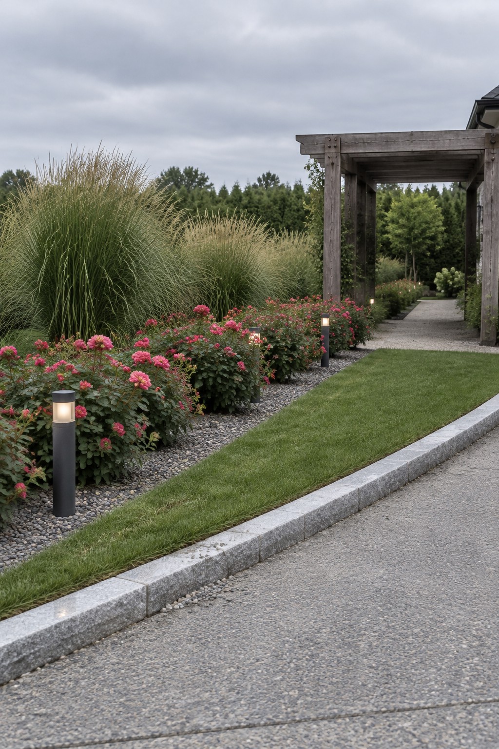 Pink rose bushes and tall ornamental grasses grow in a gravel bed beside a narrow lawn, with a paved path and timber pergola nearby.