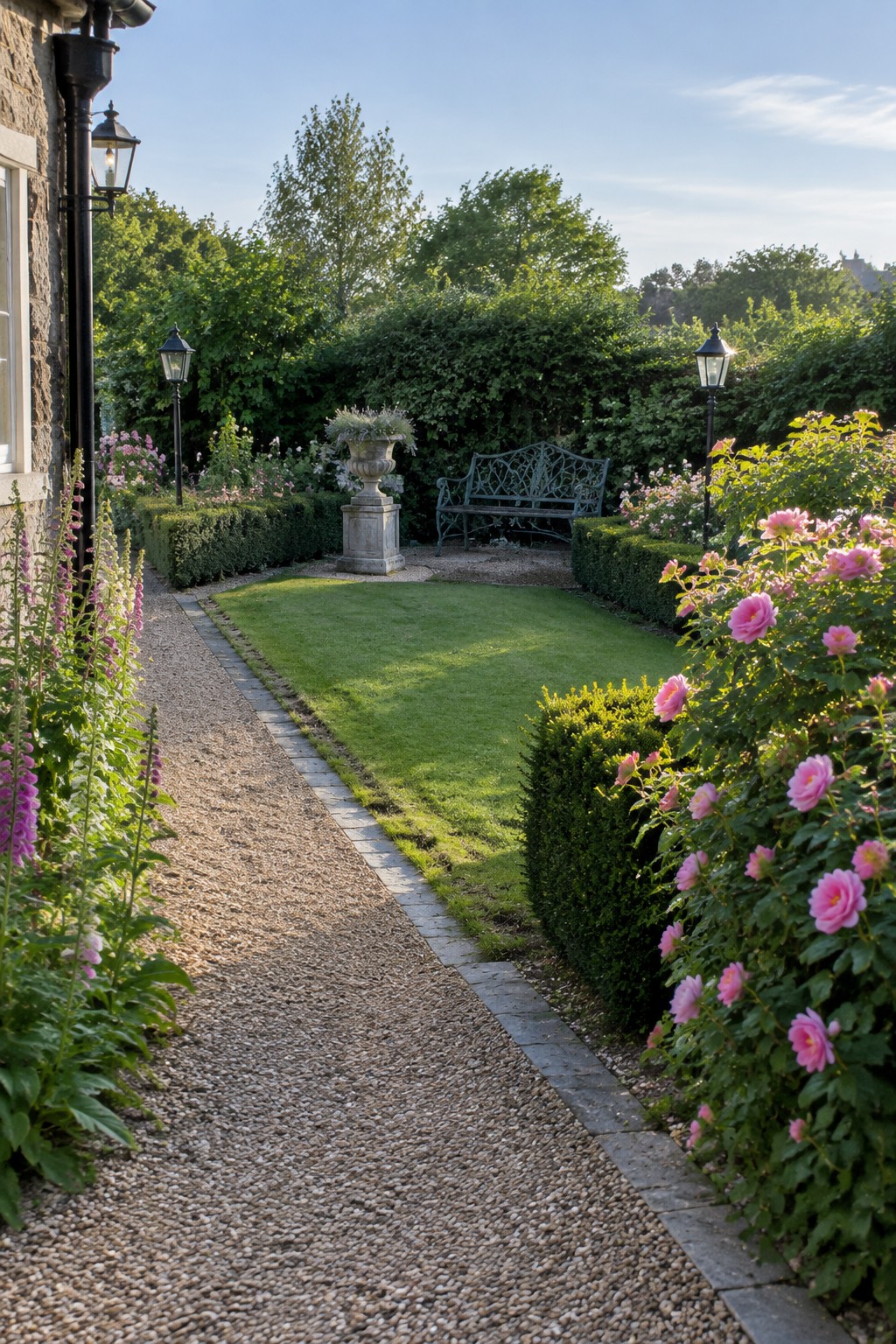 A garden path runs beside a lawn bordered by low hedges and pink roses, with a bench and stone urn at the far end.