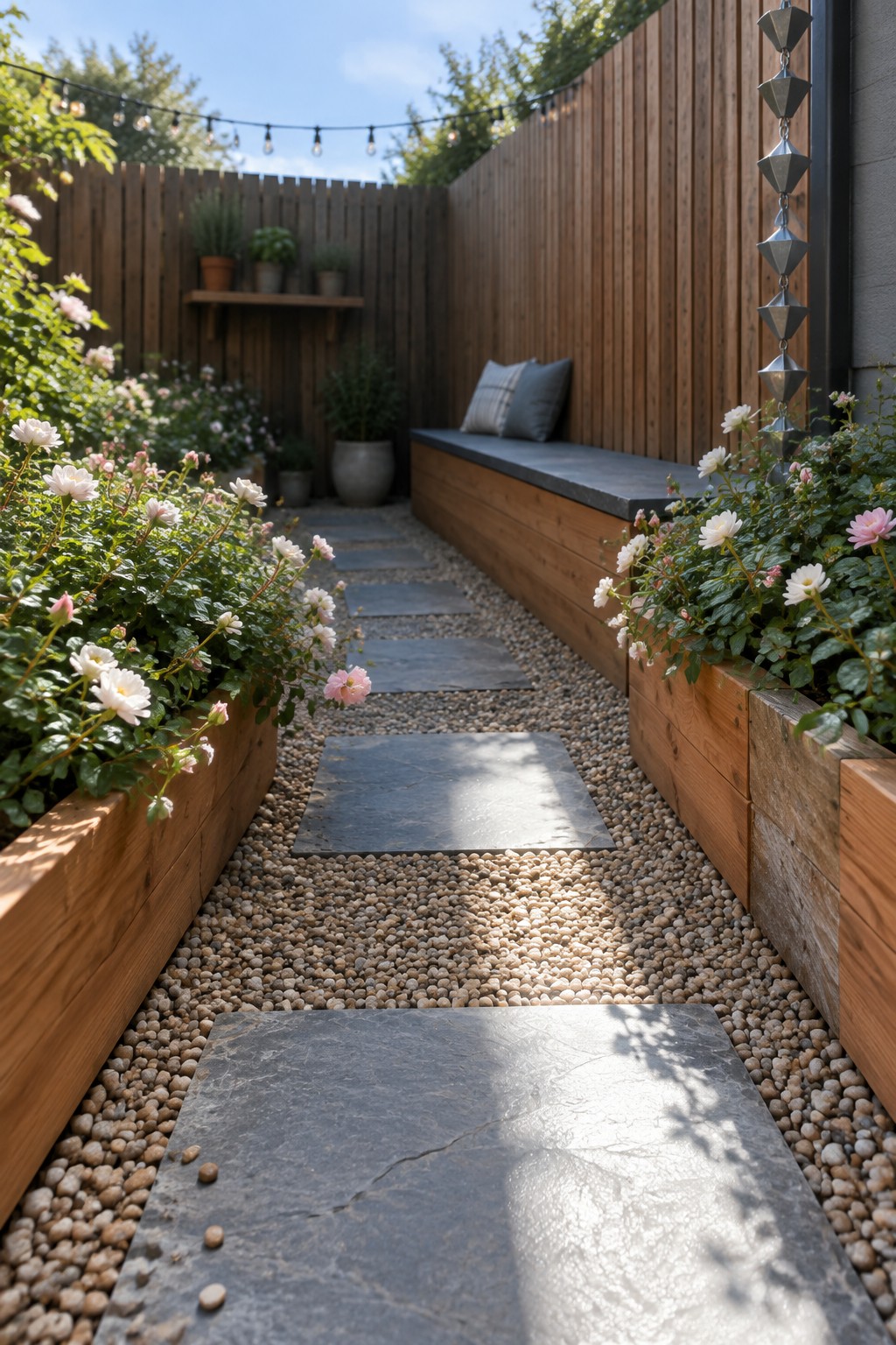 A gravel garden path with stone stepping slabs, raised wooden flower beds, a built-in bench, and a vertical timber fence.