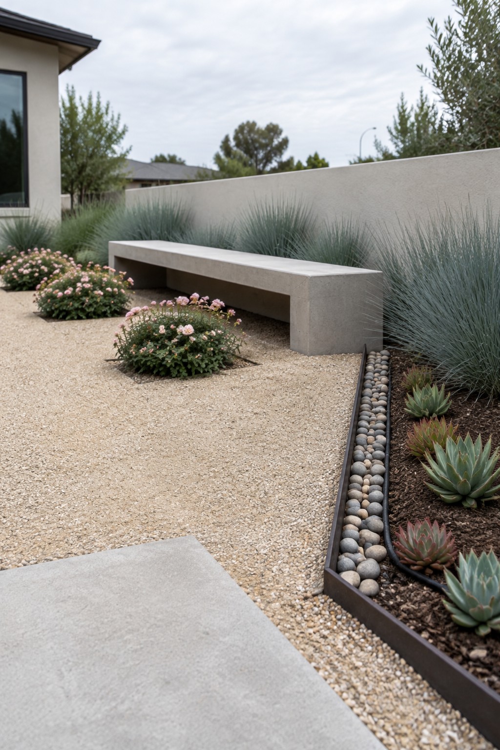 A gravel garden with pink roses, ornamental grasses, a concrete bench, and succulents in a raised bed.