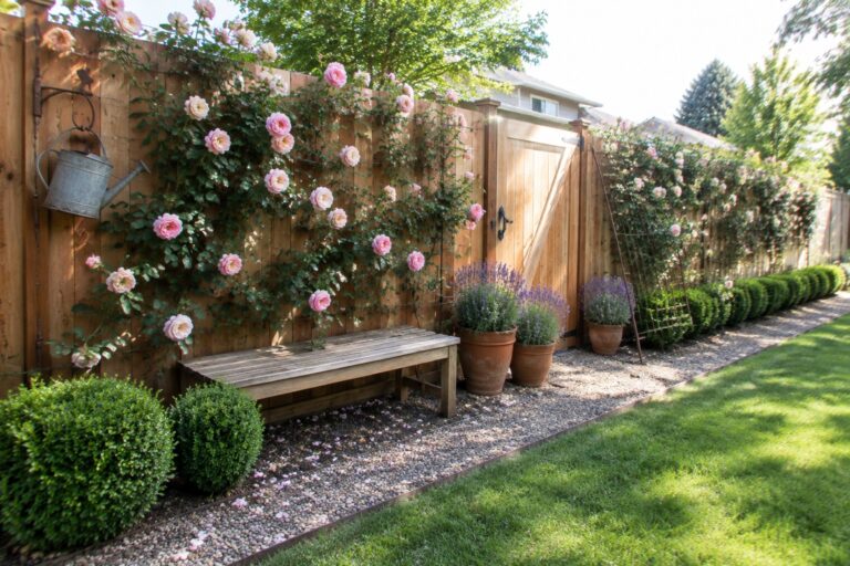Pale pink climbing roses grow across a wooden fence beside a gravel path and garden bench.
