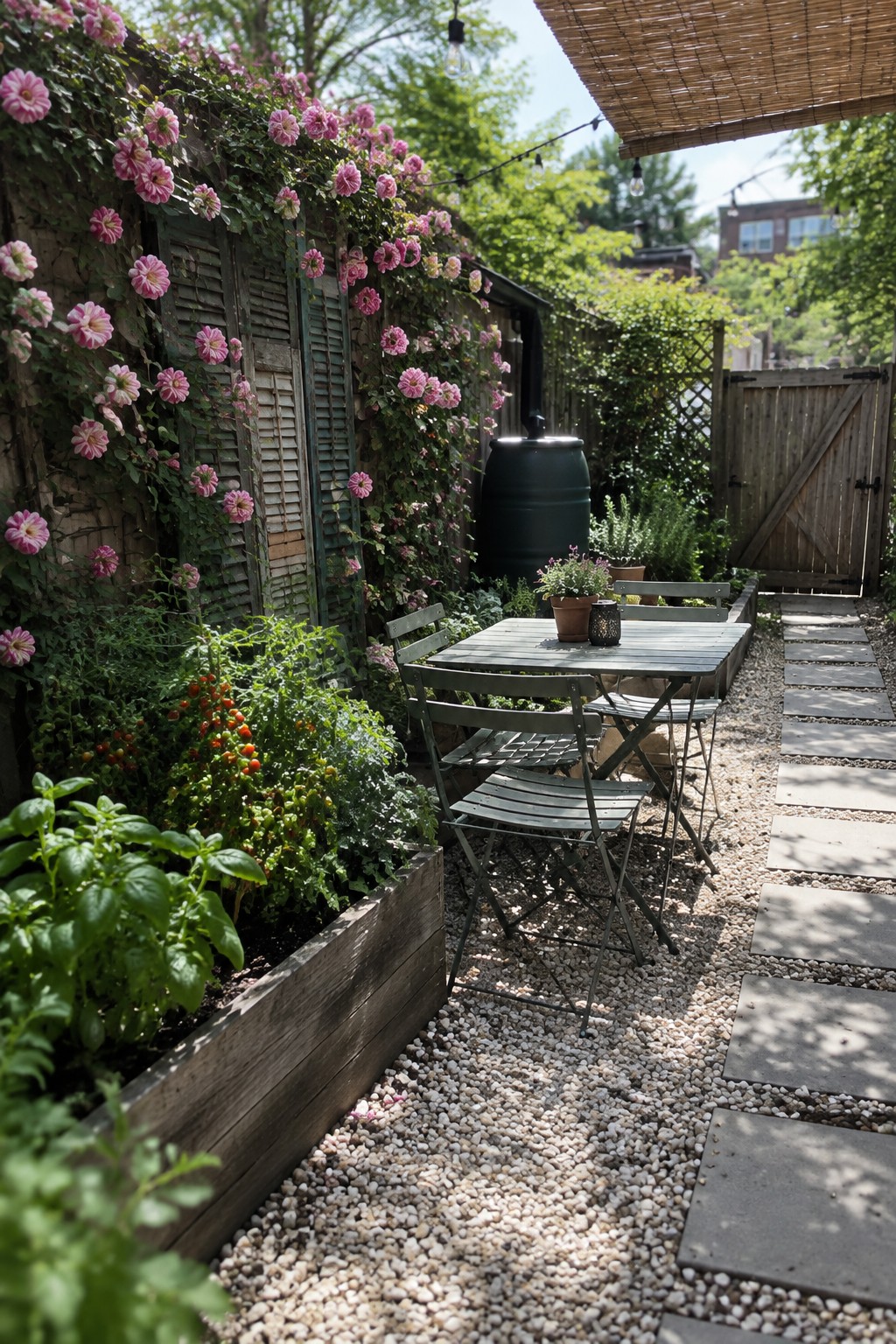 Pink climbing roses cover a wooden fence beside a gravel garden path and outdoor dining table.
