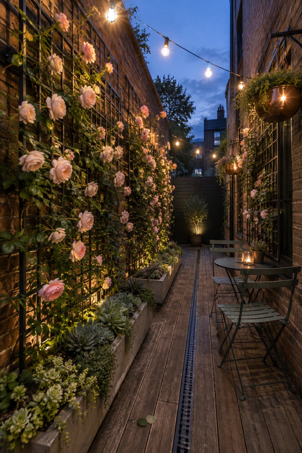 A narrow wooden garden path runs between trellises covered in pink climbing roses, with string lights overhead and a small table and chairs.