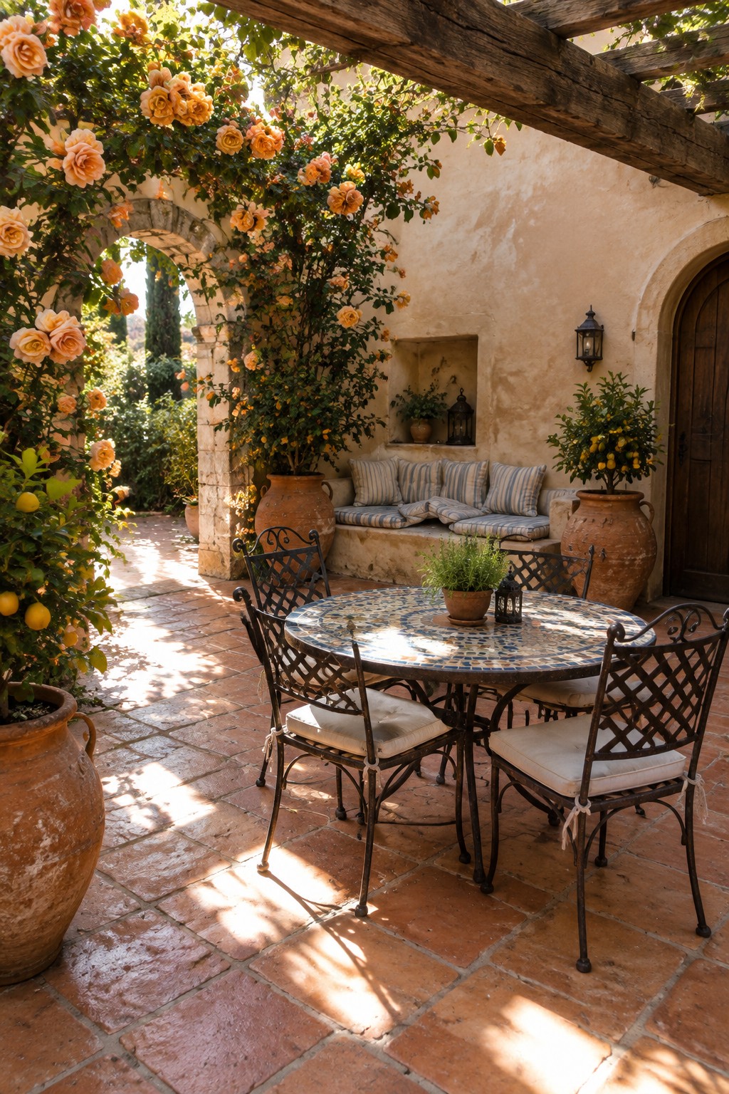 Peach climbing roses grow over a wooden pergola beside a tiled patio with an outdoor table and seating.