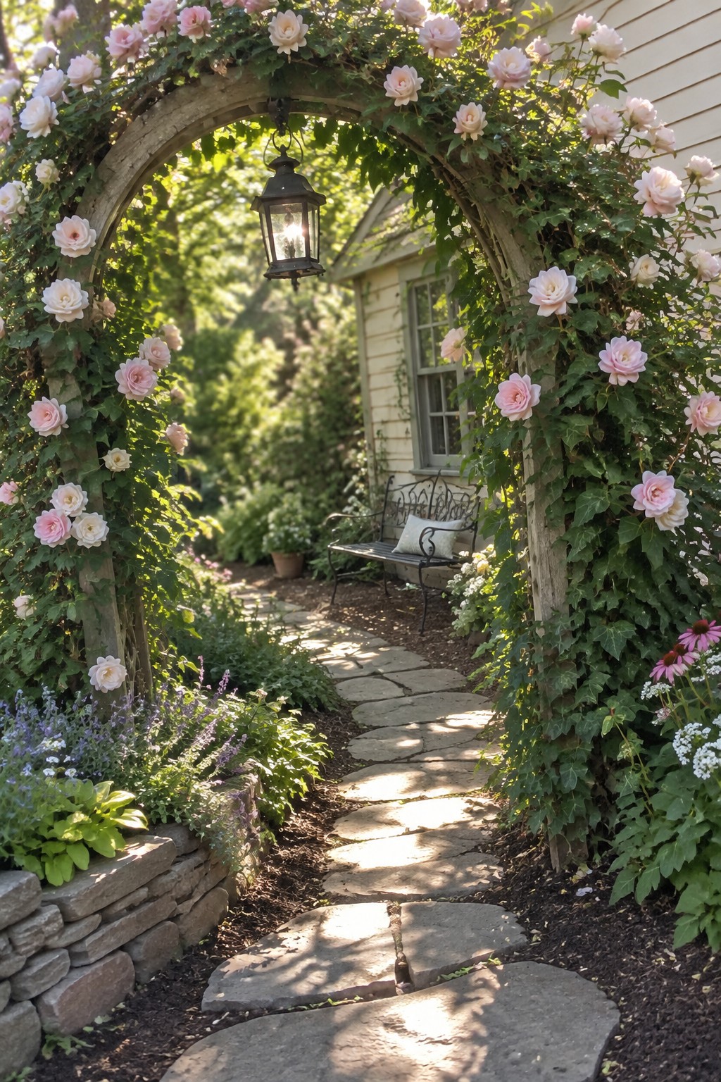 Pale pink climbing roses cover a garden arch above a stone path, with a hanging lantern beneath the arch.