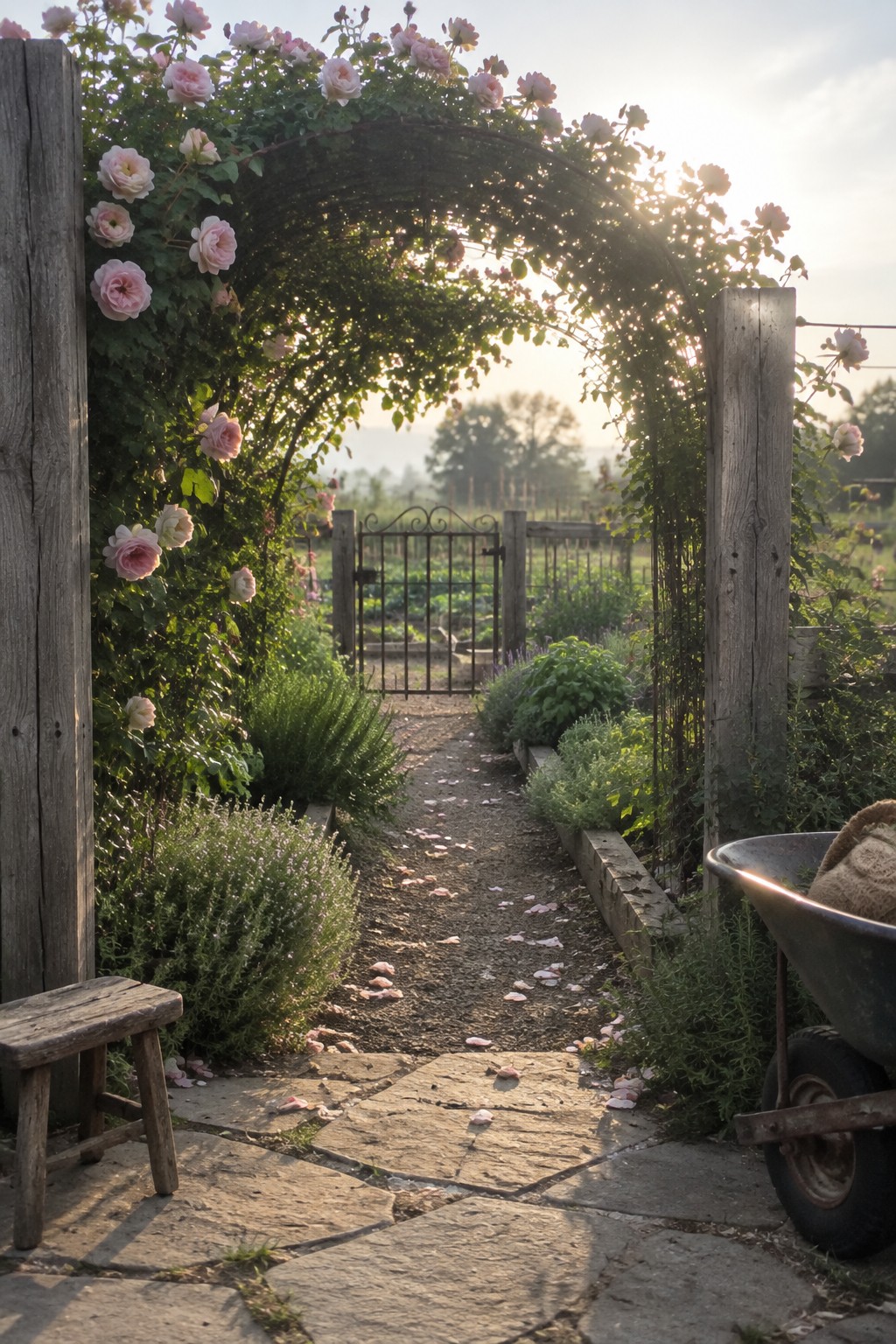 A gravel garden path passes beneath a rose-covered arch and leads to a metal gate.
