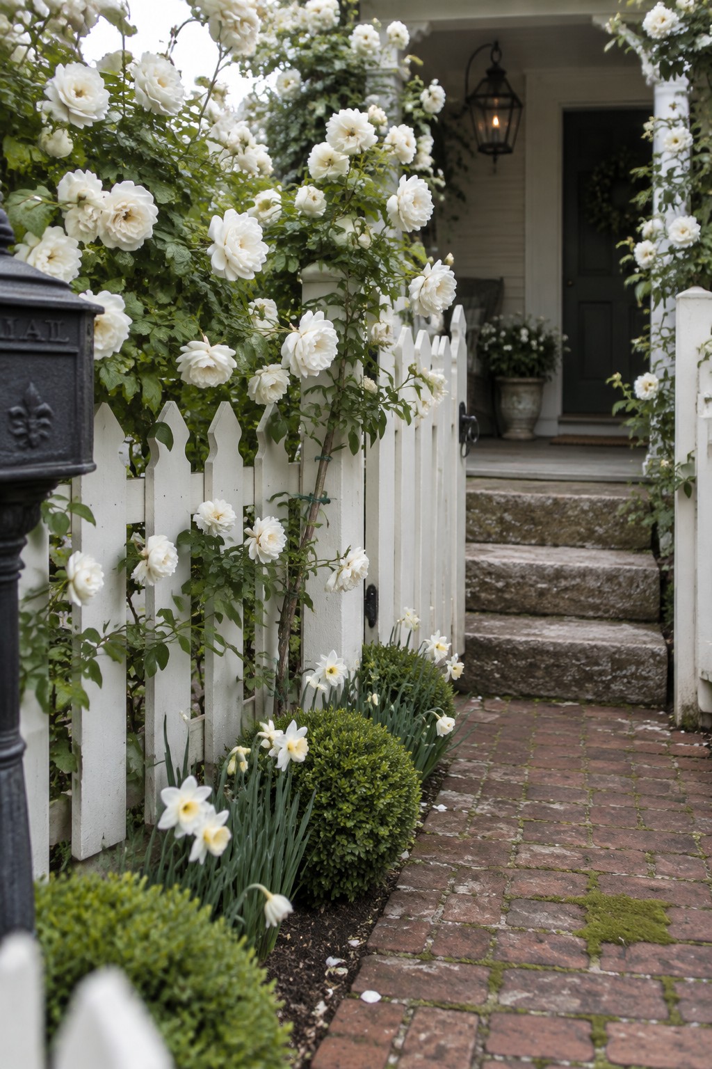 White climbing roses grow along a white picket fence beside a brick path leading to a house entrance.