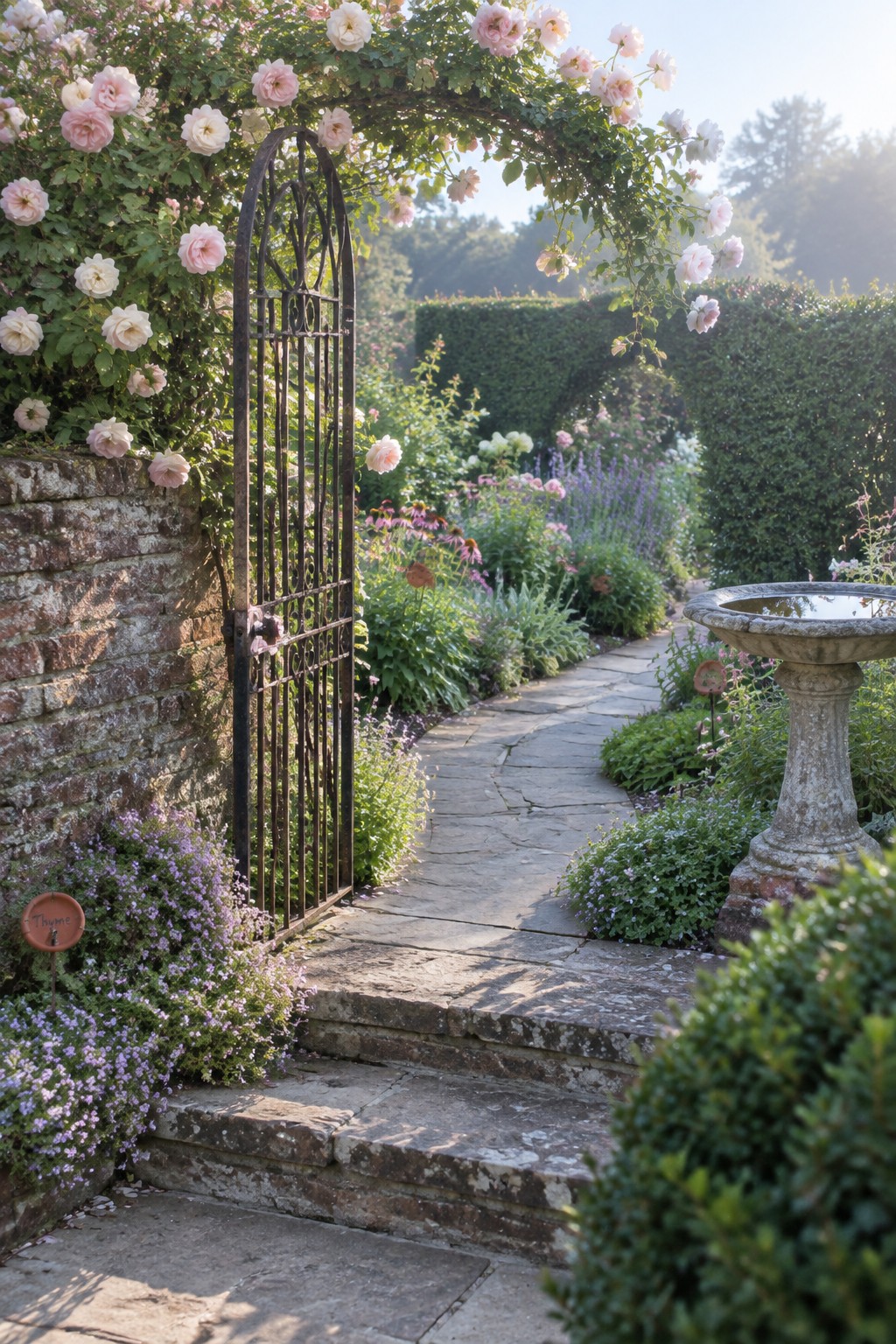 Pink and white climbing roses cover a metal garden arch beside a stone path and birdbath.