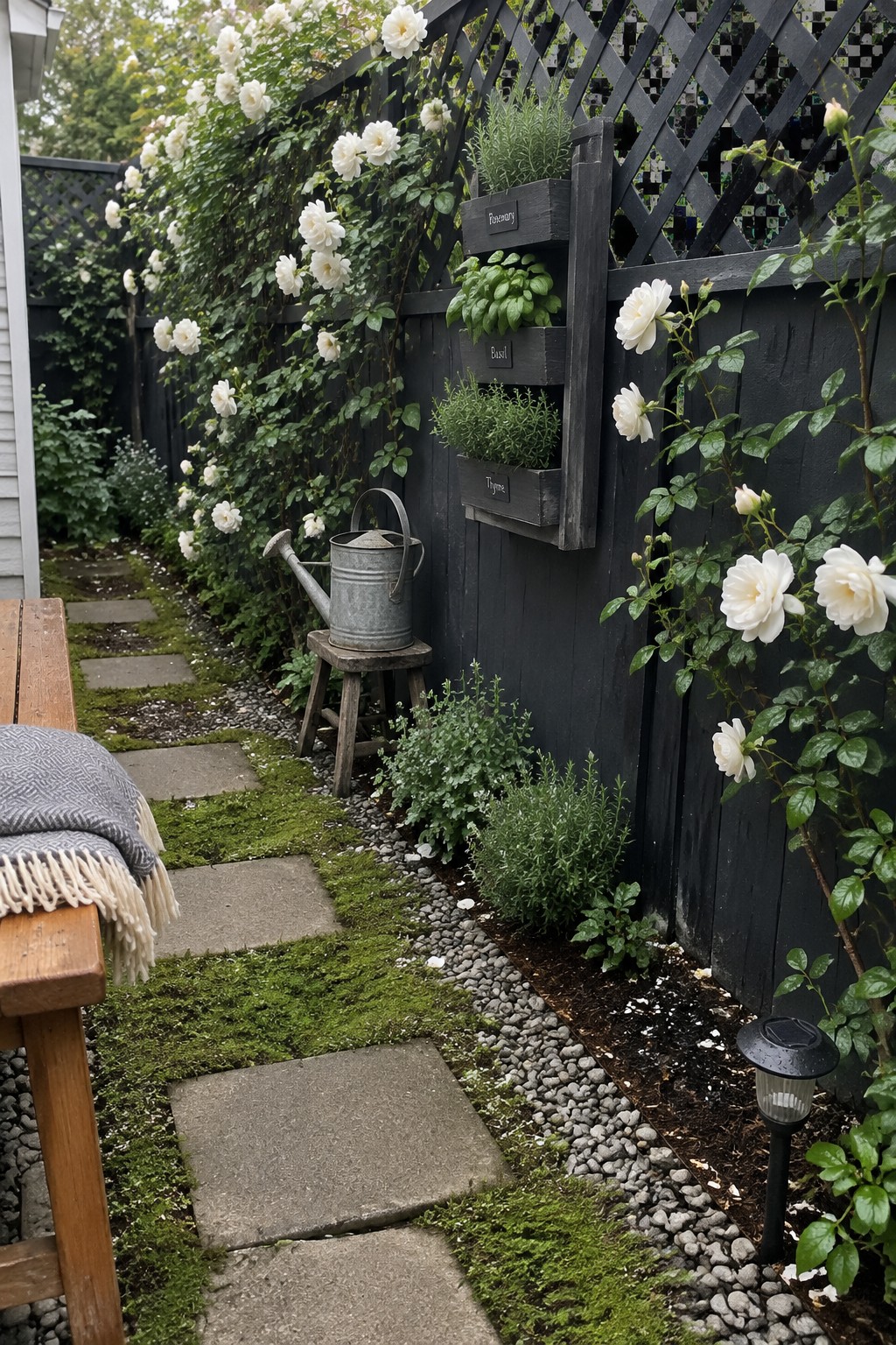 White climbing roses grow along a black lattice fence beside a stepping-stone garden path.