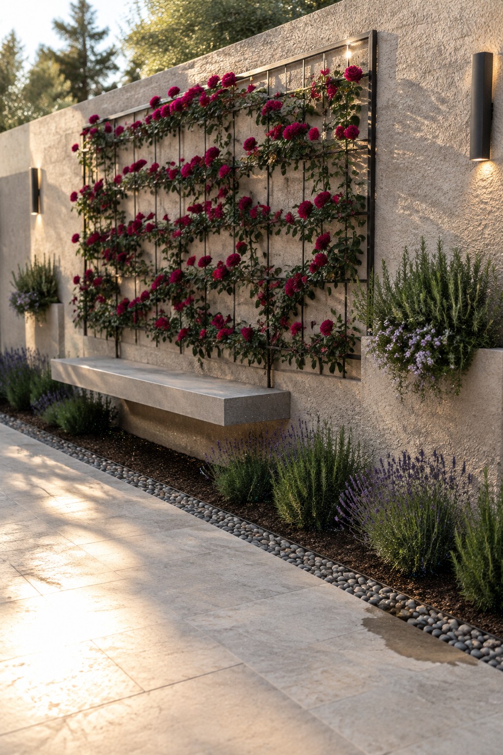 Magenta climbing roses grow across a black trellis mounted on a stone garden wall above a built-in bench.