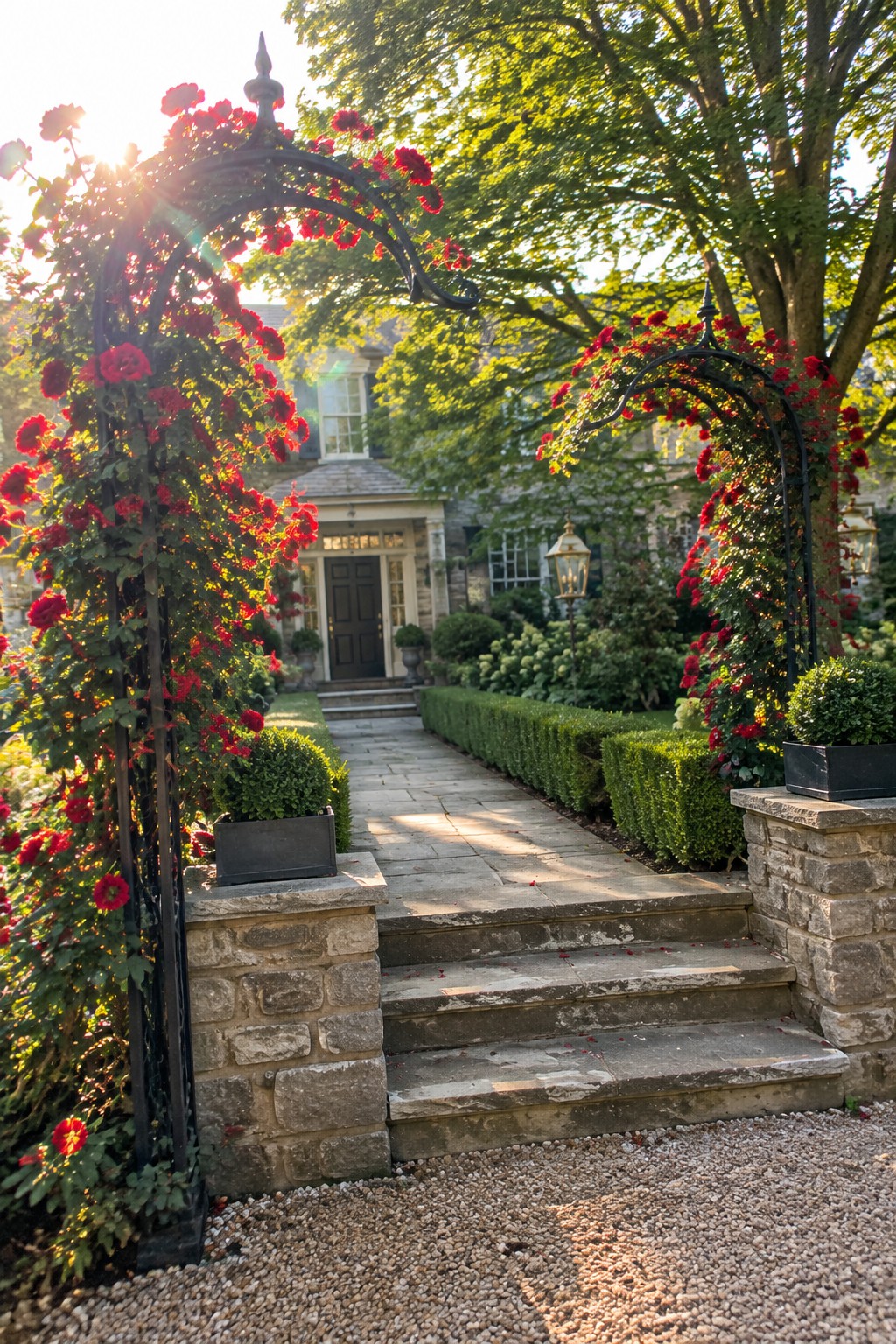 A stone garden path leads through two black metal arches covered in red roses toward a house entrance.