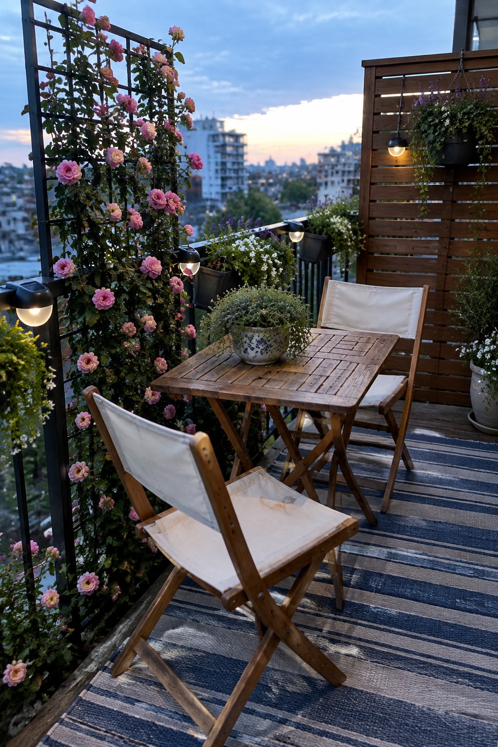 A balcony with pink climbing roses growing on a black trellis beside a wooden table and folding chairs.