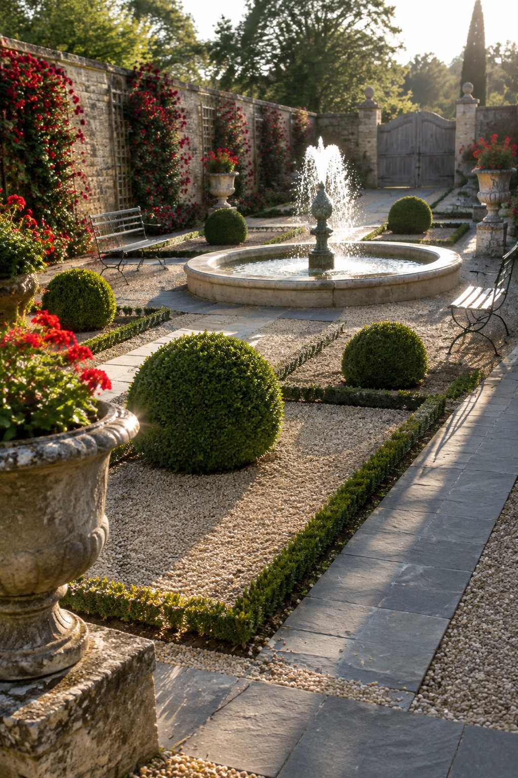 A formal garden with red climbing roses on trellises along a stone wall, gravel paths, clipped shrubs, and a central fountain.