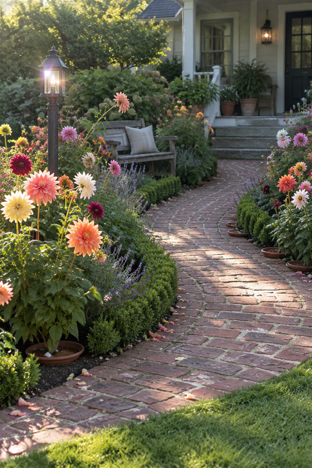 A curved brick walkway runs through garden beds filled with dahlias, with a wooden bench and lantern beside the path.