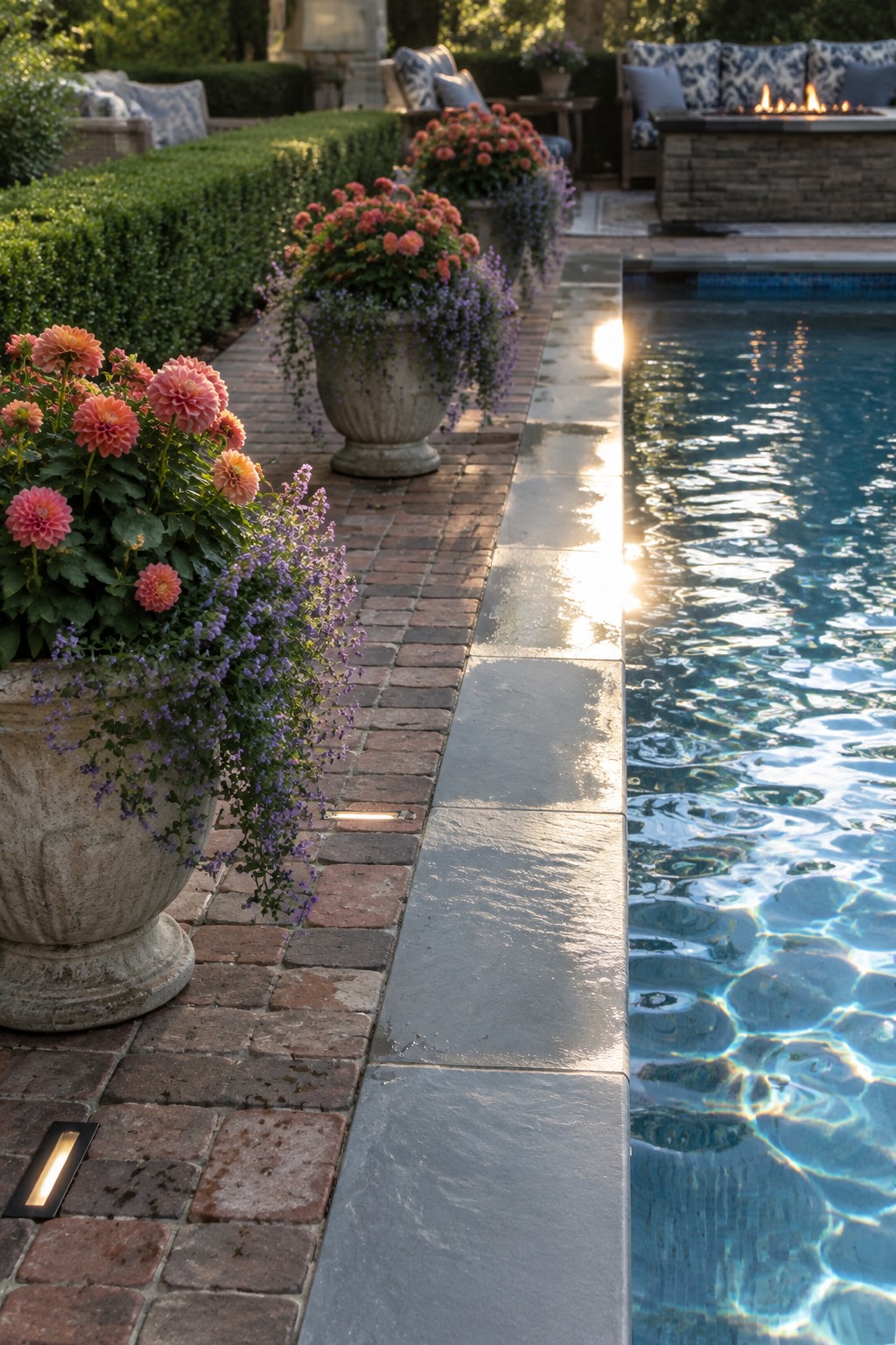 A brick walkway runs beside stone planters filled with pink dahlias and purple flowers next to a swimming pool.