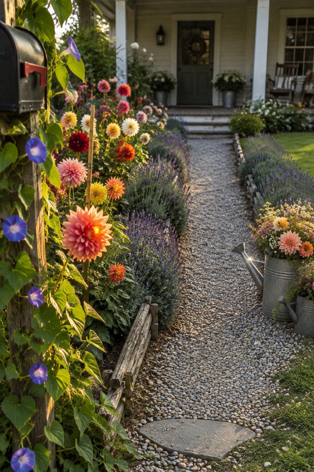A gravel path leads to a front porch, with dahlias and purple flowers planted along its edges.