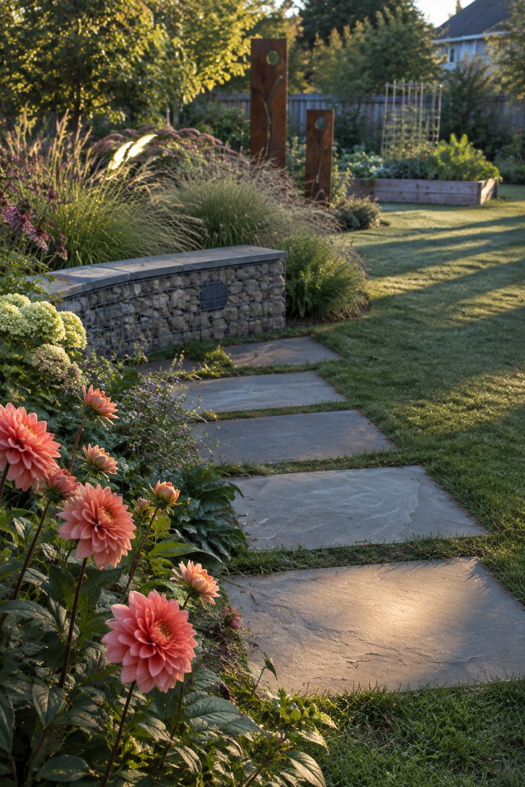 Large stone slabs form a path beside coral dahlias, ornamental grasses, and a low stone-filled retaining wall.