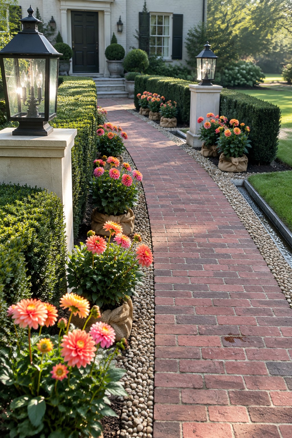 A brick walkway leads to a front door, bordered by low hedges, gravel, and grouped dahlias in burlap-wrapped planters.