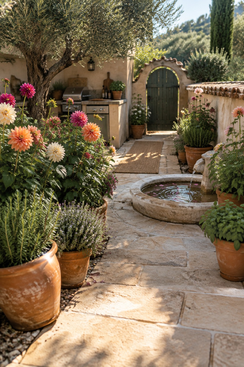 A stone path runs through a flower garden with colorful dahlias, terracotta pots, and a small round fountain.