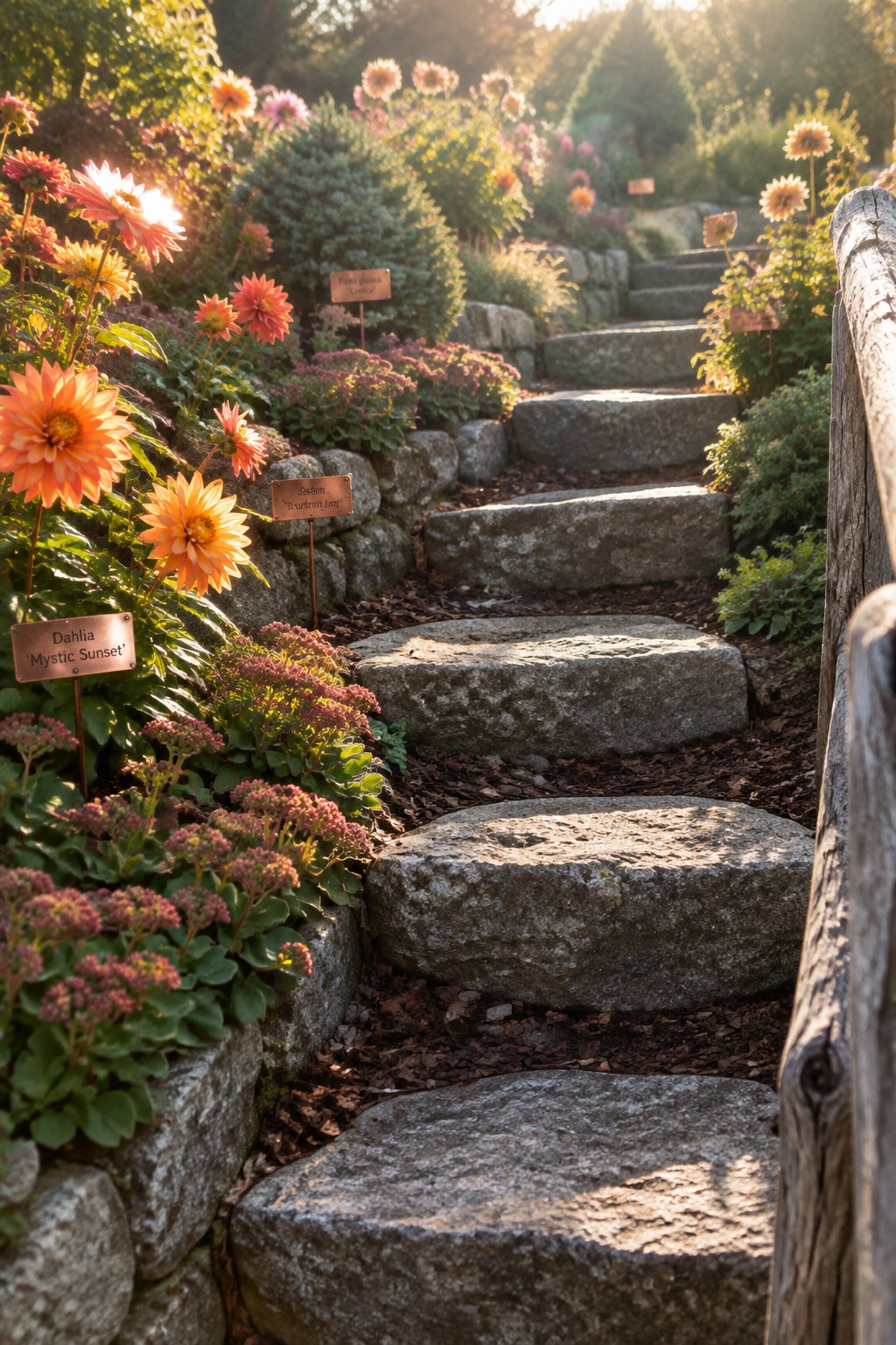 Uneven stone steps climb through a garden bordered by orange and pink dahlias.