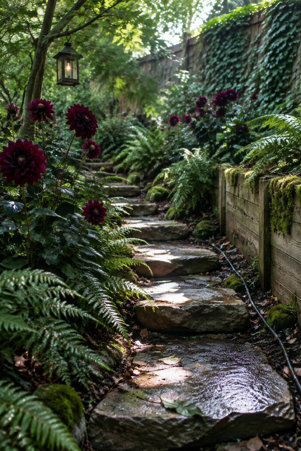 Irregular stone steps wind through a leafy garden, with dark burgundy flowers beside the path and a wooden retaining wall on the right.