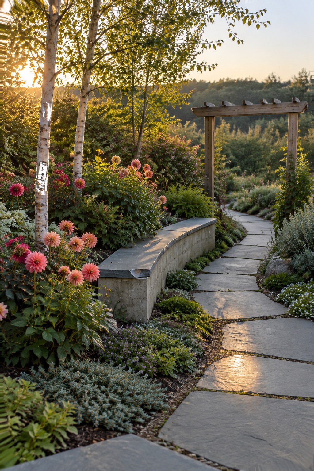 A curved stone path winds through flower beds beside a low concrete bench and a wooden garden arbor.
